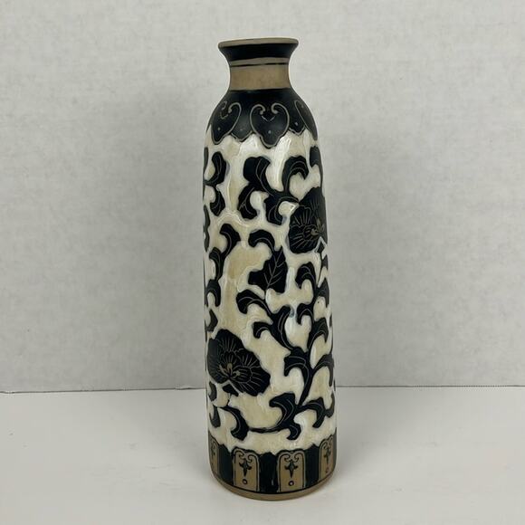 Pottery Vase Floral Vine Black White Tan 12 Inch Decor - Picture 1 of 8